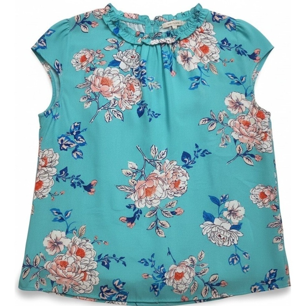 Daniel Rainn Womens Large Floral Top Blue V-Neck Short Sleeve Blouse Casual